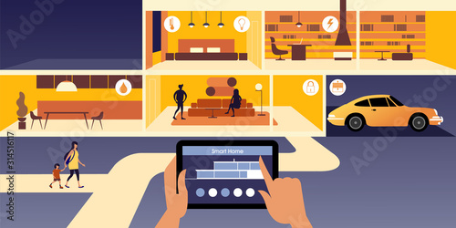 Smart Home. Controlling IoT appliances using a tablet over a network. Flat isometric vector illustration.