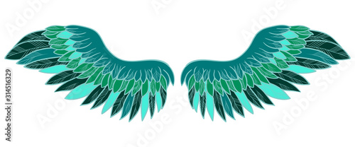 Green spreaded wings, bright, magic symbol of freedom