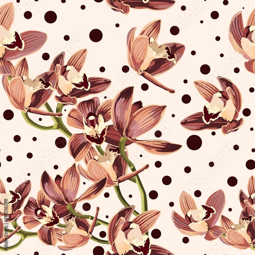 Tropical beautiful flowers pretty pattern. Seamless cute orchids on dots background. Use for textile, dress, wallpaper, home design.