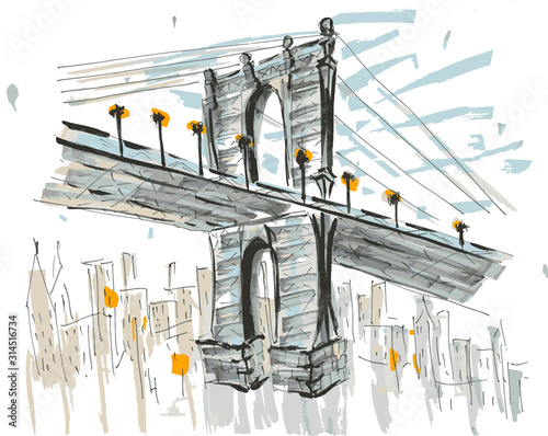 Brooklin brige, NYC, USA. Hand drawn marker sketch eps10 vector illustration. photo
