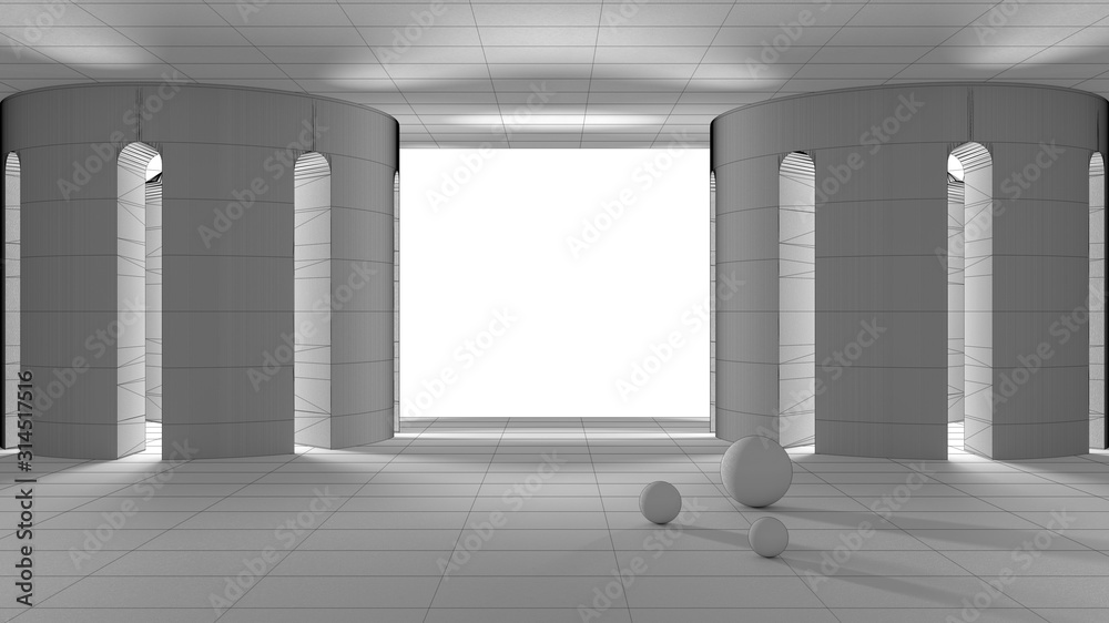 Unfinished project draft, imaginary fictional architecture, interior design of empty space with arched doors, colonnade and porch, baptistery, concrete blank walls, sphere, balls Unfinished project draft, imaginary fictional architecture, interior design of empty space with arched doors, colonnade and porch, baptistery, concrete blank walls, sphere, balls