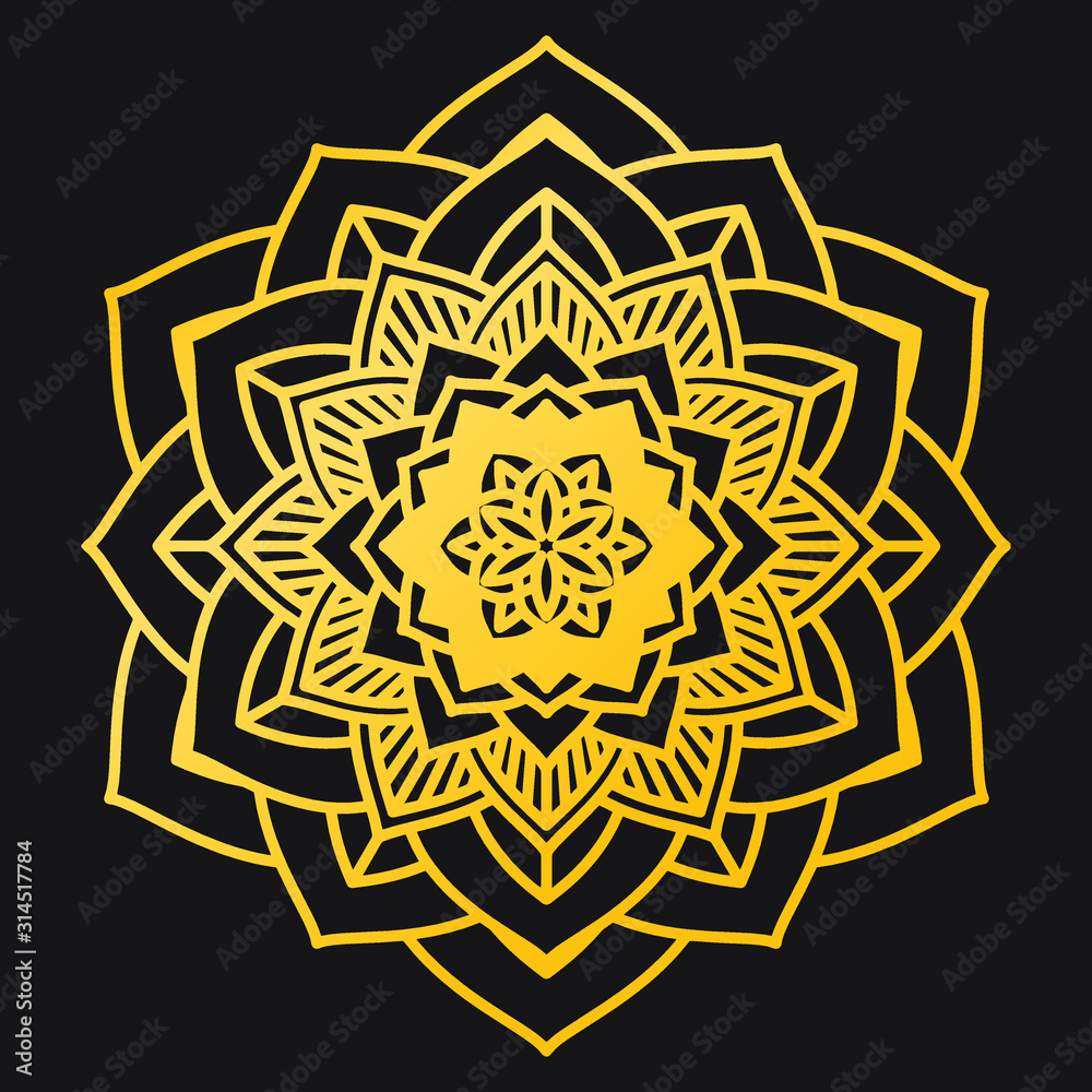 Abstract Petals Leaf Mandala Gold Line On Black Background. Vector Illustration Abstract Petals Leaf Mandala Gold Line On Black Background. Vector Illustration