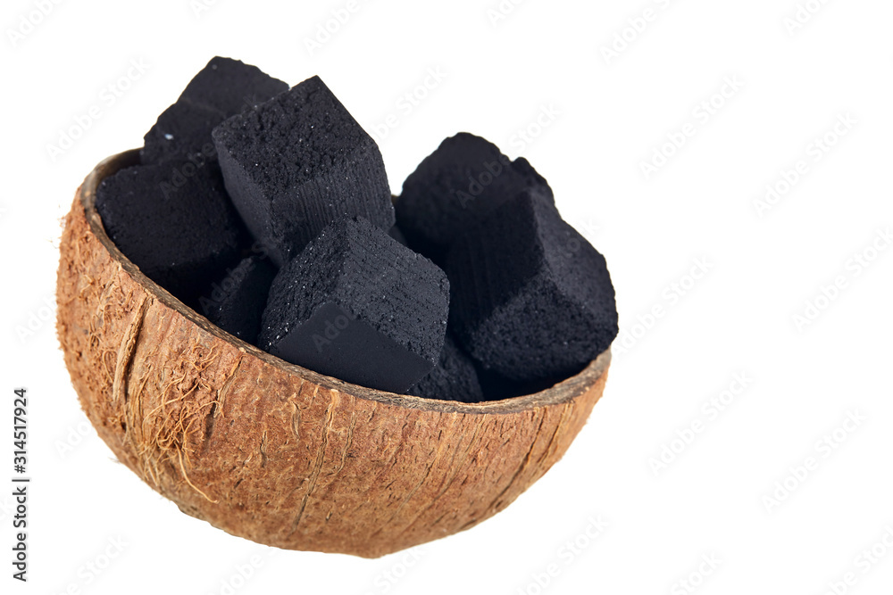 Coconut charcoal on a white background. Coconut coal cubes for hookah