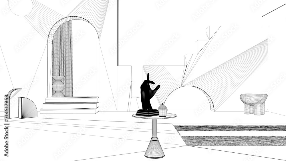 Blueprint project draft, imaginary fictional architecture, dreamlike empty space, design of exterior terrace, arched windows, pools, table with hand figurine, chair, decors Blueprint project draft, imaginary fictional architecture, dreamlike empty space, design of exterior terrace, arched windows, pools, table with hand figurine, chair, decors