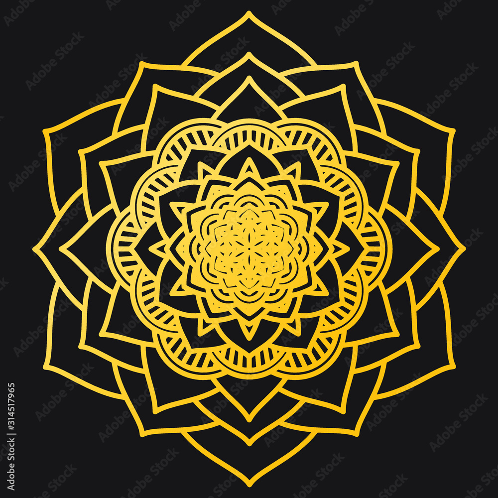 Abstract Petals Leaf Mandala Gold Line On Black Background. Vector Illustration Abstract Petals Leaf Mandala Gold Line On Black Background. Vector Illustration