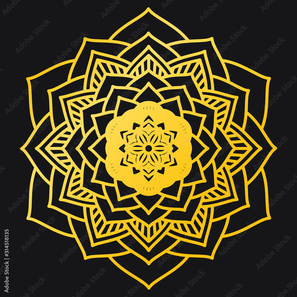 Abstract Petals Leaf Mandala Gold Line On Black Background. Vector Illustration