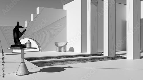 Unfinished project draft, imaginary fictional architecture, dreamlike empty space, design of exterior terrace, arched windows, pools, table with hand figurine, chair, decors photo