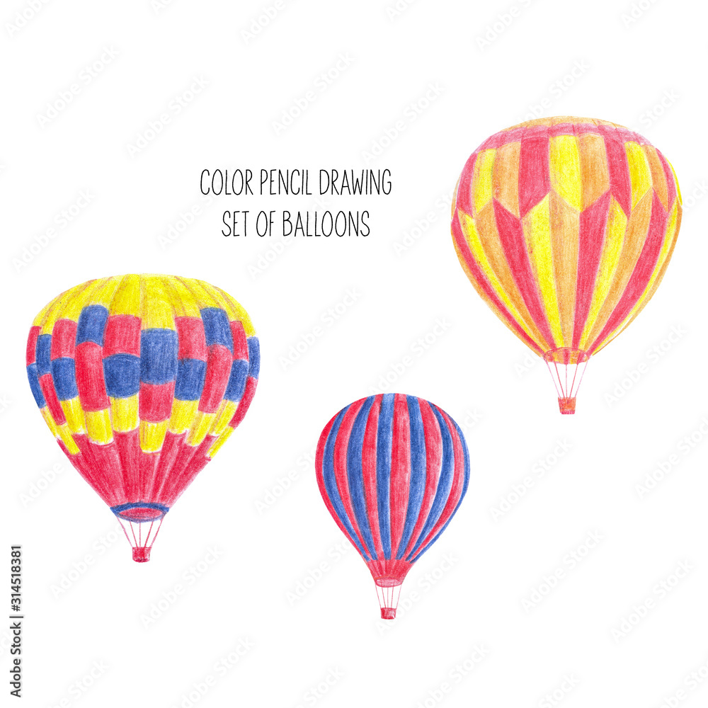 Set of hand-drawn hot air balloons  isolated on white background. Perfect template for wallpaper, children's interior design, fabrics, postcards, banners, posters.