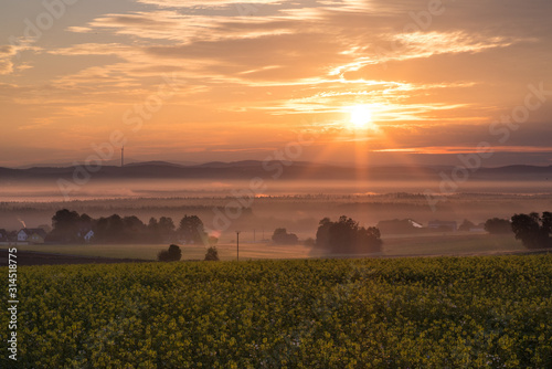 View over a misty valley with the sunrise coming through the clouds and a field with yellow flowers in the foreground