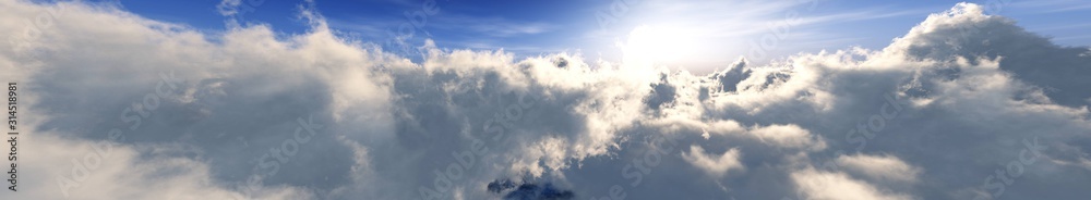 Beautiful panorama of clouds. Banner. Top view of the clouds. Among the clouds. 3D rendering