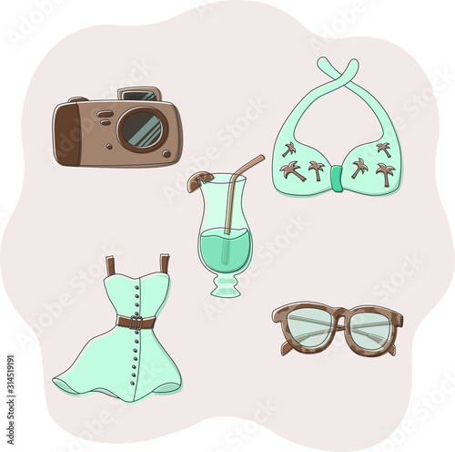 Set of travel icons: camera, bodice from a swimsuit, coctail, sundress, sunglasses. Turquoise and brown colors.