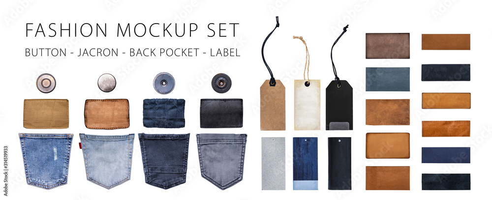 Jeans and denim label set mockup, button, jacron, back pocket and label  tag. isolated background Stock Photo | Adobe Stock