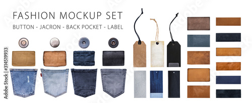 Jeans and denim label set mockup, button, jacron, back pocket and label tag. isolated background