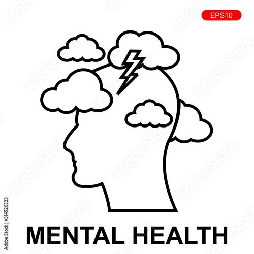 Head silhouette icon with clouds and lightning. Mental health concept illustration .depressive state of mind,anger, bad mood, OCD.vector illustration