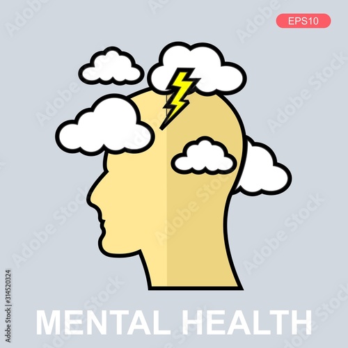 Head silhouette icon with clouds and lightning. Mental health concept illustration .depressive state of mind,anger, bad mood, OCD.vector illustration