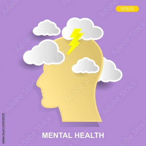 Head silhouette icon with clouds and lightning. Mental health concept illustration .depressive state of mind,anger, bad mood, OCD.vector illustration