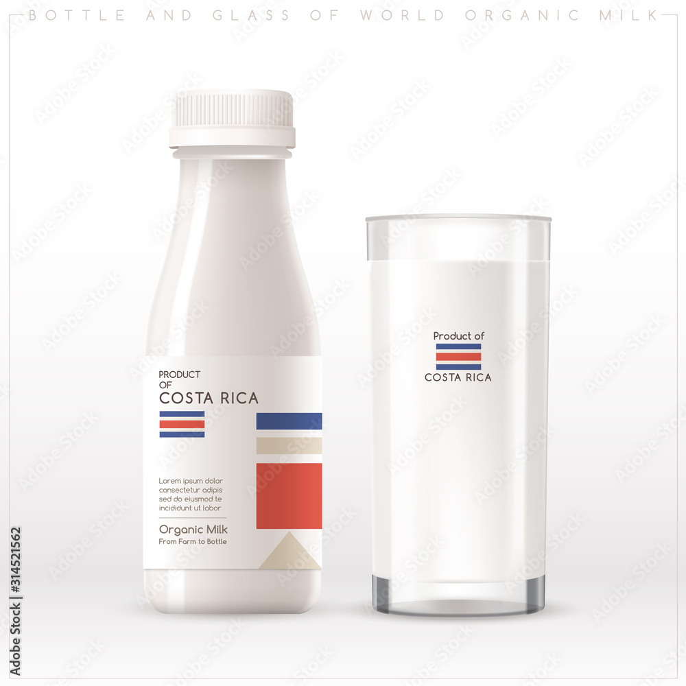 Bottle and glass of world organic milk with geometrical pattern on the label isolated on white background : Vector Illustration Bottle and glass of world organic milk with geometrical pattern on the label isolated on white background : Vector Illustration