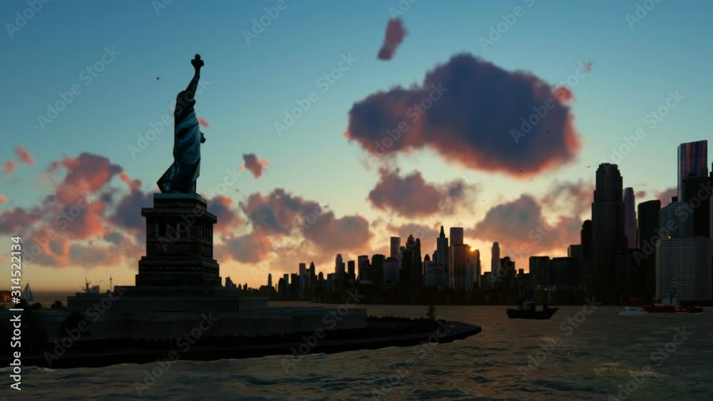 Statue of Liberty and ships sailing, Manhattan, New York City, beautiful sunrise Statue of Liberty and ships sailing, Manhattan, New York City, beautiful sunrise