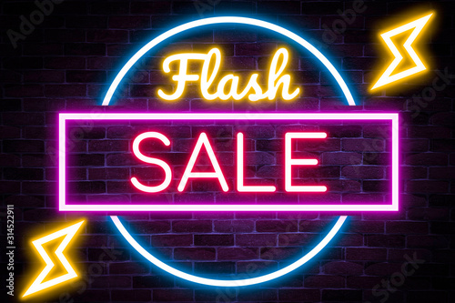 Neon flash sale banner, discount product, advertising, marketing banner.