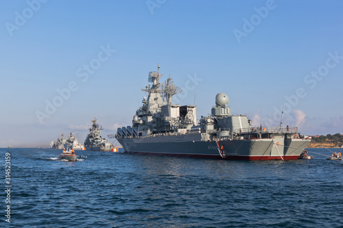 Raid boat RK-1494 bypasses the formation of warships in the Sevastopol Bay, Crimea