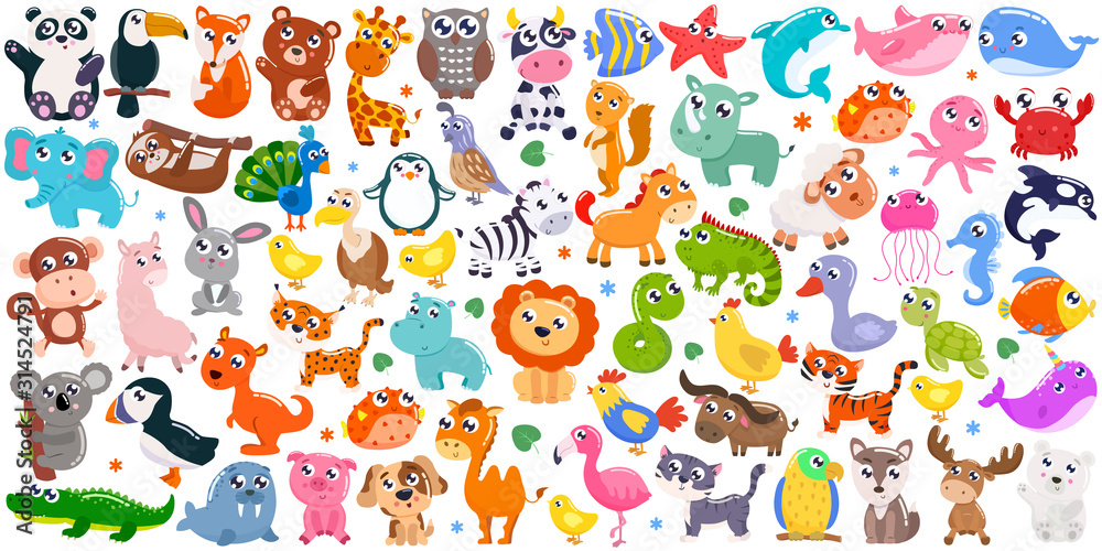 Fototapeta Big set of cute cartoon animals. Vector illustration.