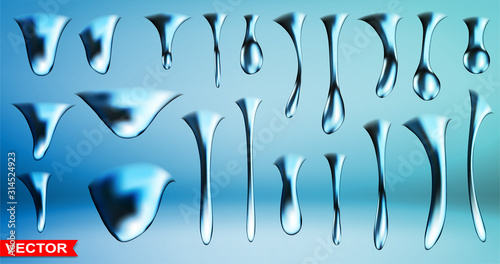 Realistic detailed blue big frozen ice water drops. Layered vector set.