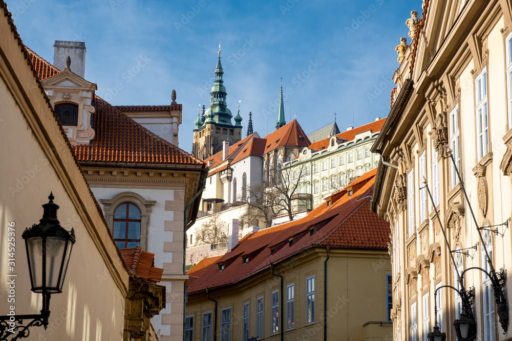 fragment of Prague new place. Czech city on a sunny winter day