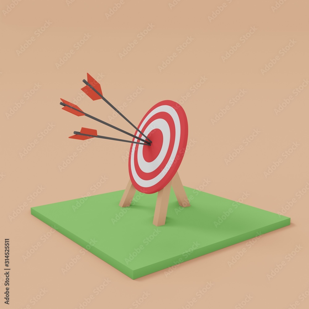 3D design for Archery target and arrow sport game and business landscape geometric scene on orange background for arrow is exactly on the target and minimal idea creative concept 