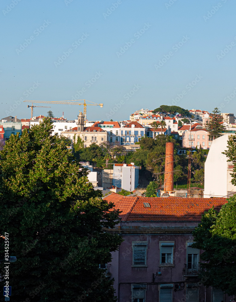 View of traditional Portuguese apartments from a green garden. Taken in Lisbon in summer.
