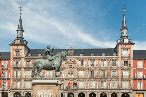 Felipe III statue in the center of Plaza Mayor in the city of Madrid, Spain. Equestrian statue of Felipe III