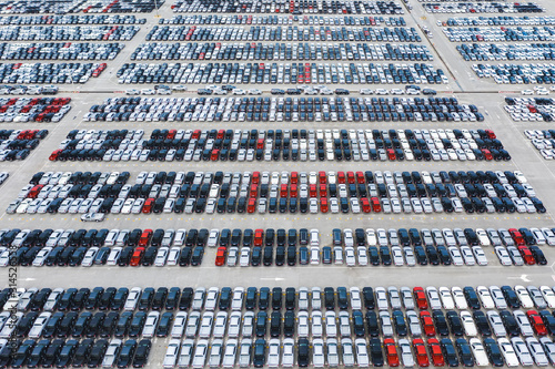 Top view of row new cars in logistic port export terminal photo