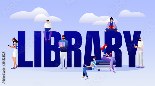 Library vector illustration concept. People reading or students studying and preparing for examination in library. Set of book lovers, readers, modern literature fans