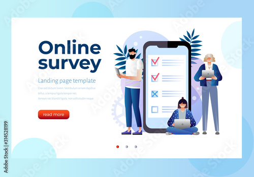 online survey vector illustration concept, people filling online survey form on gadgets, to do list paper note. Can use for landing page template, ui, web, homepage, poster, banner, flyer