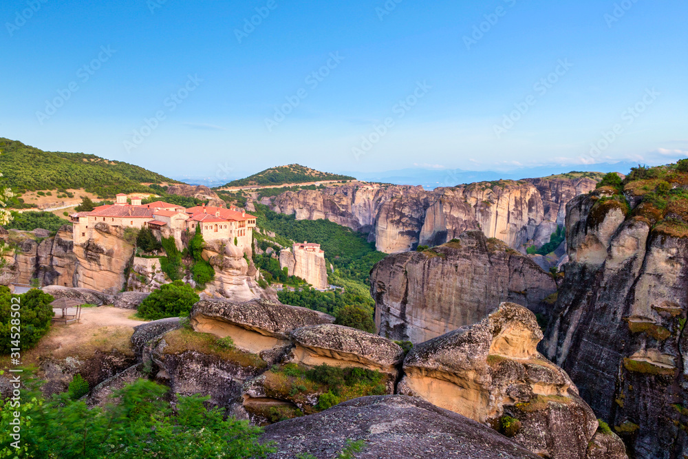 Varlaam and Rousanou Monastery and surrounding landscape in Meteora, Greece
