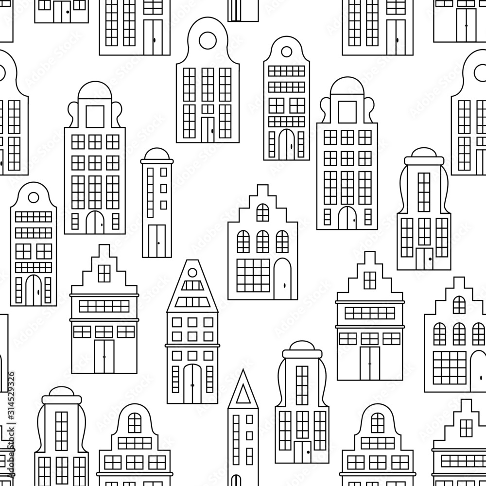 seamless pattern in black and white, stylized houses image
