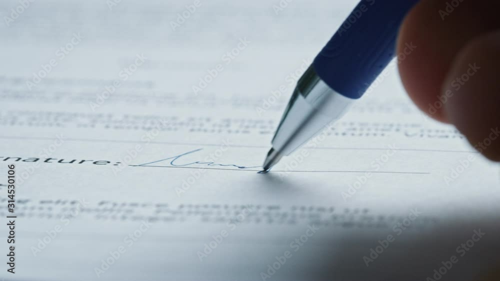 Person Signing Important Document. Camera Following Tip of the Pen as it Signs Crucial Business Contract. Mock-up 