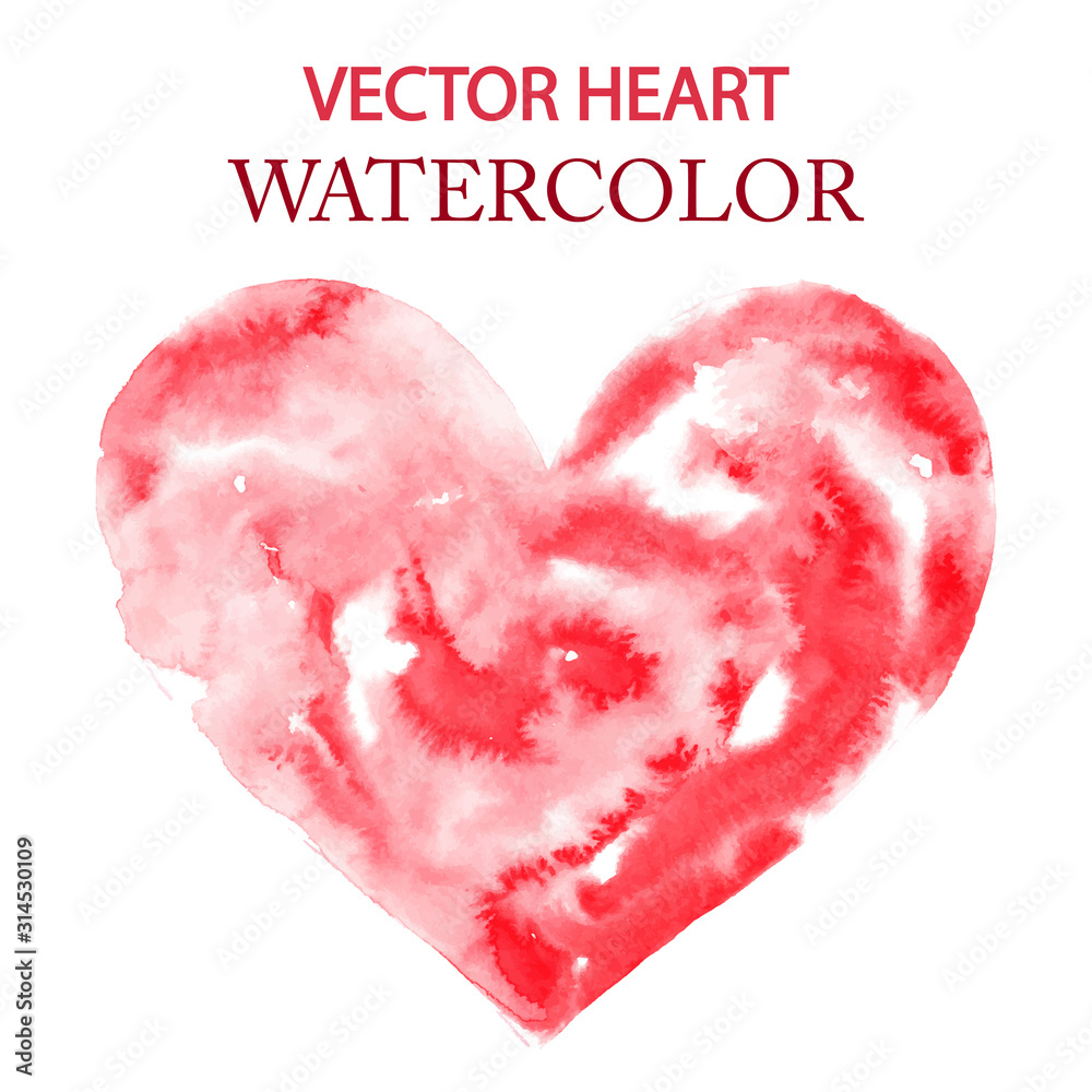 Vector Big hand drawn watercolor heart isolated on white. Liquid watercolor scarlet transition with heart-shaped transparencies. A raster stock illustration can be used as a template for a love card.