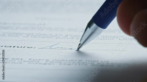Person Signing Important Document. Camera Following Tip of the Pen as it Signs Crucial Business Contract. Mock-up 