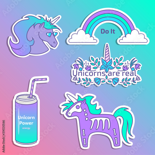 Vector set of fashionable patches, stickers or badges.  Unicorn, rainbow, flowers.