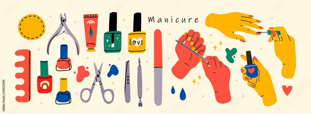 Female hands and Various manicure accessories, equipment, tools. Nail scissors, nail file, tweezers, nail polish, hand cream, polish remover, brush etc. Hand drawn big colored vector set