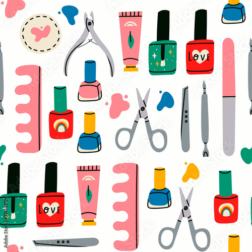 Various manicure accessories, equipment, tools. Nail scissors, nail file, tweezers, nail polish, hand cream, polish remover, brush etc. Hand drawn colored vector seamless pattern