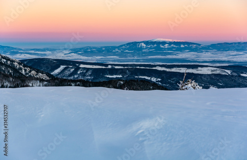View of Babia Gora (Babia hora), the highest peak in the Zywiec Beskids at sunrise in winter scenery. A wonderful landscape. © gubernat