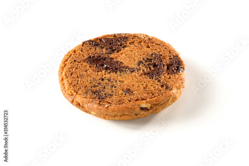 Upside down chocolate chip cookie with black and white chocolate, isolated on white background.