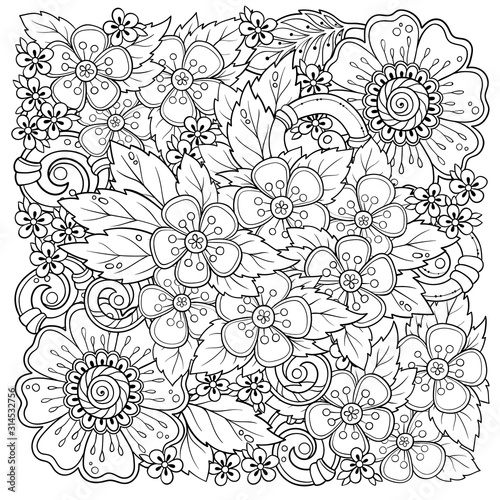 Mix doodle flowers drawing vector illustration and clip-art. Cherry blossom  poppy  stylish floral pattern for adult coloring or bullet journal page.