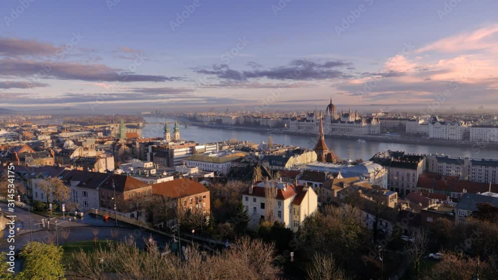 Dawn over Budapest. Panoramic view of the city and the building of the Budapest Parliament