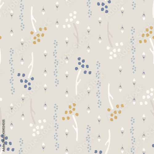French shabby chic tiny seed vector texture background. Dainty flower in blue and yellow off white seamless pattern. Hand drawn floral interior home decor swatch. Classic farmouse style all over print