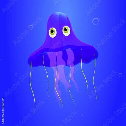 Cartoon cute jellyfish underwater. Underwater world.
