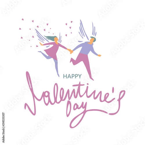happy Valentine's day. Text. Happy man and woman hold hands. Wings of love. Design for a holiday card.