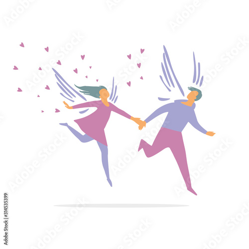 happy Valentine's day. Happy man and woman hold hands. Wings of love. Design for a holiday card.