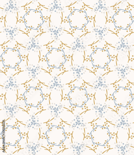 French shabby chic damask vector texture background. Dainty seed in blue and yellow on off white seamless pattern. Hand drawn floral interior home decor swatch. Classic farmouse style all over print